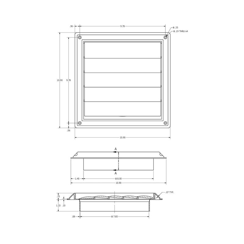 Lambro Industries, Inc.-8" White Plastic Louver Vent (Price Per Piece). Item #363W, outside dimensions are 10.875" x 10.875". - Image 5
